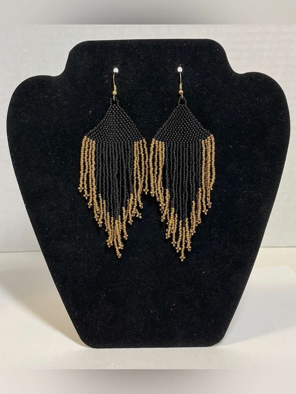 Native American style Seed bead earrings dangle, Black, Gold 20 Strands Fringe